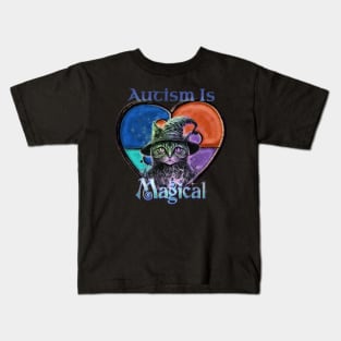 Autism Awareness Puzzle Cat Autism Is Magical Kids T-Shirt